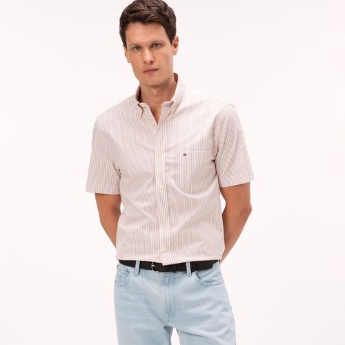 Camisa Listrada Oxford Manga Curta