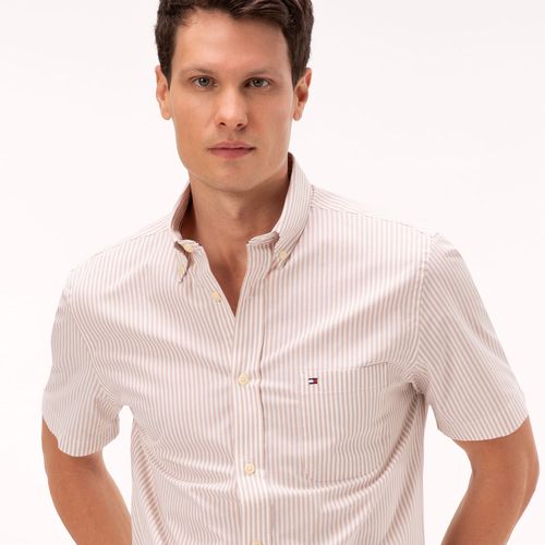 Camisa Listrada Oxford Manga Curta